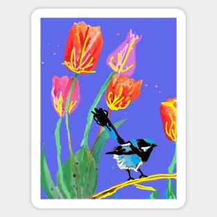 Abstract Blue Wren and Tulips Painting - on Purple Sticker